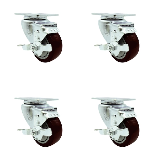 3.5 Inch Maroon Polyurethane Wheel Swivel Top Plate Caster Set with Brake SCC